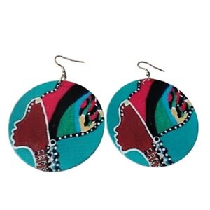 Afrocentric Painted Wood Statement Earrings Woman Silhouette Boho Headwrap